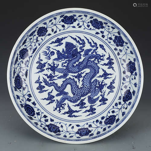 A CHINESE BLUE AND WHITE DRAGON PATTERN PORCELAIN PLATE