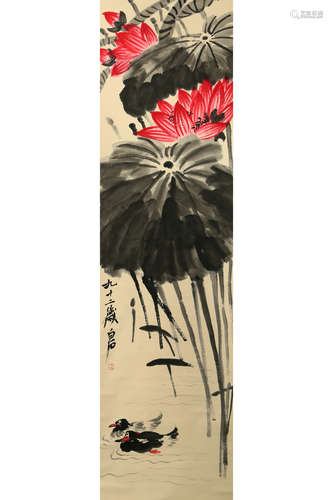 A CHINESE INK LOTUS PAINTING,QI BAISHI MARK