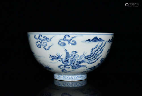 A CHINESE BLUE AND WHITE FIGURE PAINTED PORCELAIN BOWL