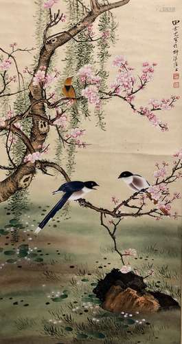 A CHINESE FLOWER AND BIRD PAINTING,TIAN SHIGUANG MARK