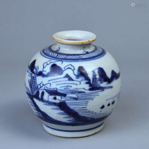 A BLUE AND WHITE POT PAINTED WITH SCENERY OF LANDSCAPE