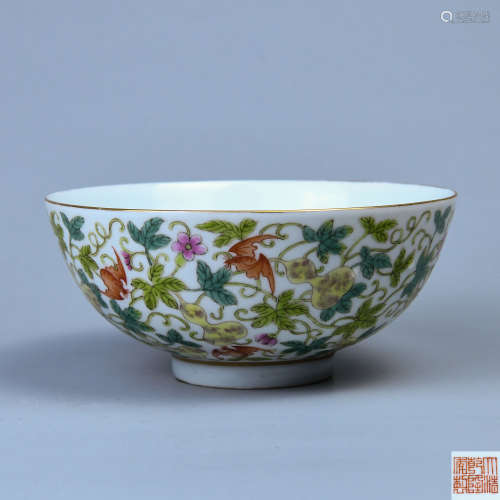 A POWDER ENAMEL BOWL OF FORTUNE AND WEALTH STRETCHING ON