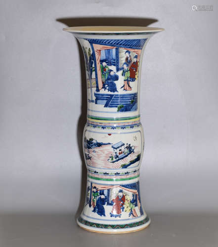 A MUTICOLOURED FLOWER VASE PAINTED WITH CHARACTERS