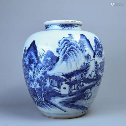 A BLUE AND WHITE BIG POT PAINTED WITH SCENERY OF LANDSCAPE