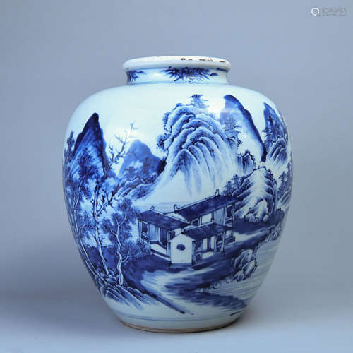 A BLUE AND WHITE BIG POT PAINTED WITH SCENERY OF LANDSCAPE