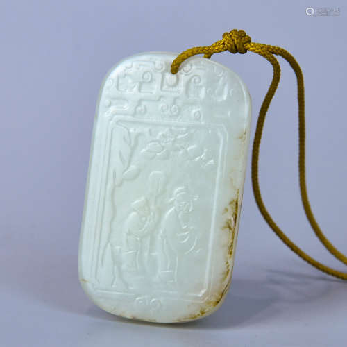 A HETIAN WHITE JADE PLATE  MADE OF SEED MATERIAL AND CARVED WITH IMMORTAL AND BOY