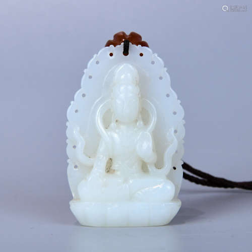 A HETIAN WHITE JADE  GUANYIN PLATE MADE OF SEED MATERIAL