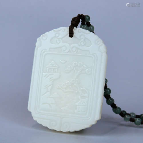 A HETIAN WHITE JADE PLATE MADE OF SEED MATERIAL AND CARVED WITH LANDSCAPE