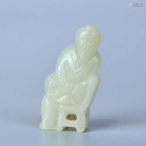 A HETIAN WHITE JADE HANDLE PIECE MADE OF SEED MATERIAL AND SHAPED WITH A OLD MAN
