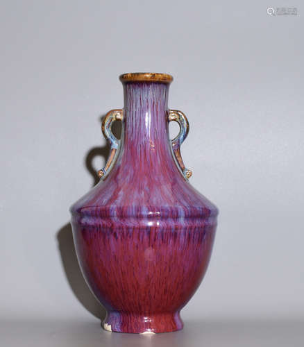 A KILN TRANSMUTATION RED GLAZE  BOTTLE WITH DOUBLE EARS