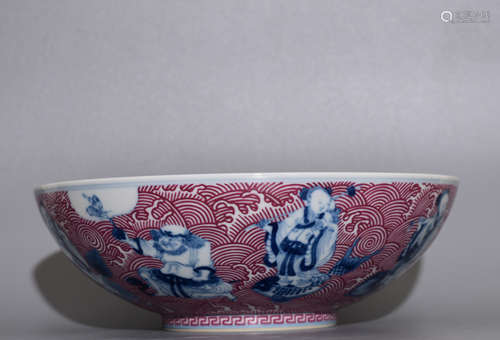 A ROUGE RED GLAZE BLUE-AND-WHITE BOWL PAINTED WITH CHARACTERS