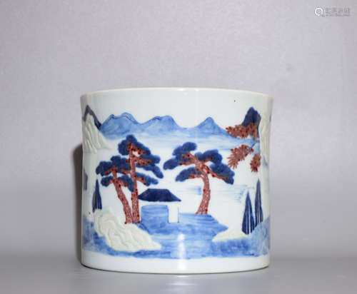 A BLUE AND WHITE TRICOLORED BRUSH POT WITH LANDSCAPE PATTERNS