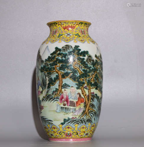 A POWDER ENAMEL BOTTLE  PAINTED WITH CHARACTERS