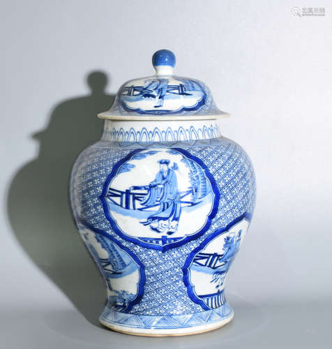 A BLUE AND WHITE POT PAINTED WITH CHARACTERS