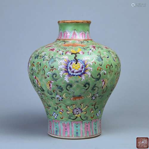 A GREEN GLAZE POWDER ENAMEL PLUM VASE PAINTED WITH TWINNING FLOWERS