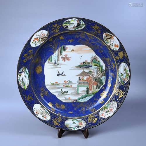 A SACRIFICIAL BLUE GLAZE GOLD PAINTING PLATE PAINTED WITH LANDSCAPE AND FLOWERS IN THE OPEN WINDOW