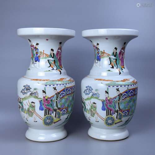 A PAIR OF EDGE-FLOD BOTTLES PAINTED WITH FLOWERS AND CHARACTERS PATTERNS