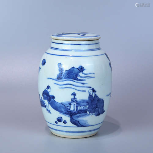 A BLUE AND WHITE POT PAINTED WITH CHARACTERS AND LOTUS SEED