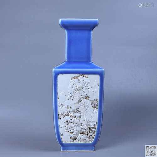 A SKY BLUE PORCELAIN CARVED SQUARE BOTTLE WITH LANDSCAPE PATTERNS FROM WANG BINGRONG