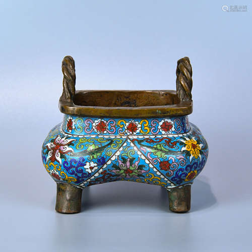 A COPPER TIRE CLOISONNE INCENSE BURNER WITH DOUBLE EARS