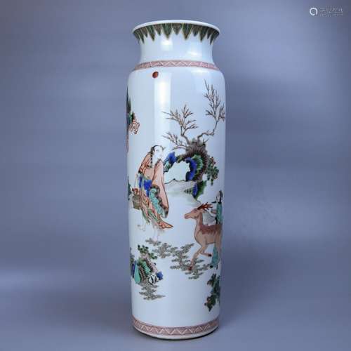 A MUTICOLOURED TUBE-SHAPED BOTTLE PAINTED WITH DEER PATTERNS