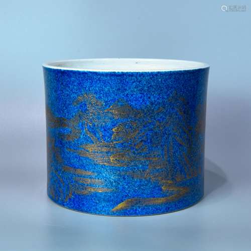 A BLUE AND GOLD PAINTING BIG BRUSH POT WITH SCENERY OF LANDSCAPE