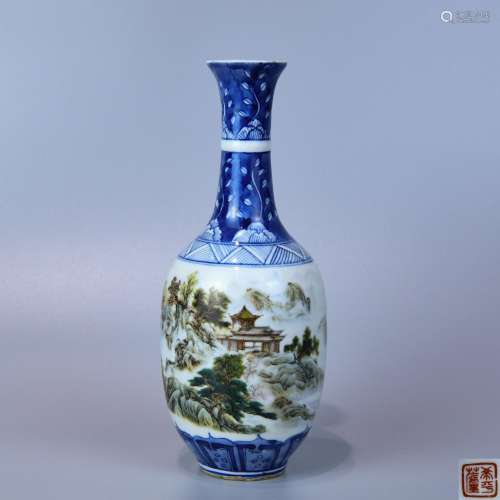 A BLUE-AND-WHITE  POWDER ENAMEL FLASK PAINTED WITH LANDSCAPE