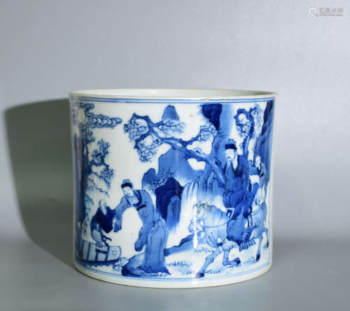 A BLUE AND WHITE PEN CONTAINER PAINTED WITH CHARACTERS