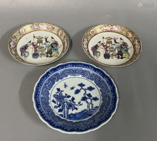 A BLUE AND WHITE PLATE ,TWO POWDER ENAMEL PLATES