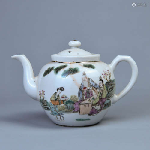 A POWDER ENAMEL TEA POT  PAINTED WITH CHARACTER STORIES