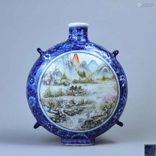 A BLUE-AND-WHITE  POWDER ENAMEL CONSECRATED  MOON BOTTLE WITH SCENERY OF LANDSCAPE