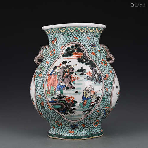 A CHINESE MULTI COLORED FIGURE PAINTED PORCELAIN VASE