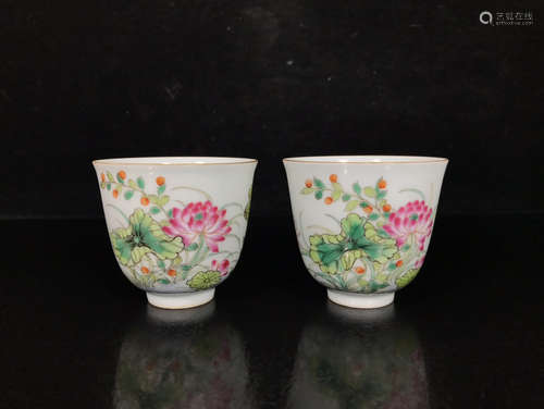 A PAIR OF CHINESE ENAMELLED FLOWER&BIRD PATTERN CUP