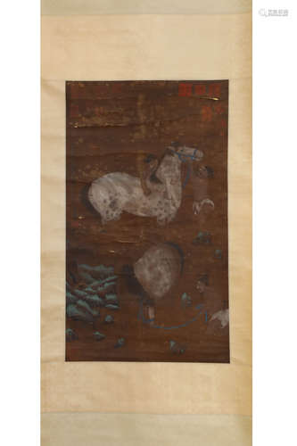 A CHINESE FIGURE&HORSE PAINTING SCROLL, ZHAO ZI'ANG MARK