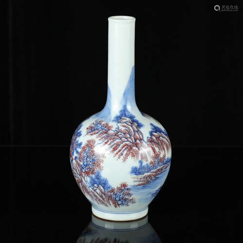 A CHINESE BLUE AND WHITE UNDERGLAZED RED LANDSCAPE PAINTED PORCELAIN FLASK