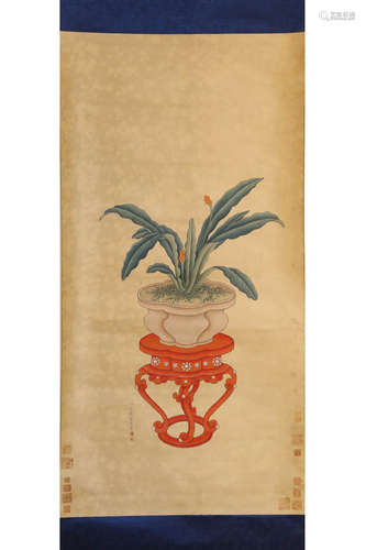 A CHINESE FLOWER PAINTING SCROLL, AI QIMENG MARK