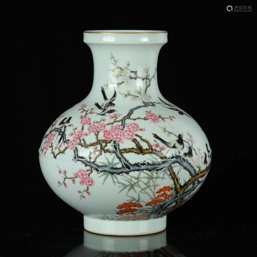 A CHINESE FAMILLE ROSE PLUM BLOSSOM PAINTED PORCELAIN ZUN