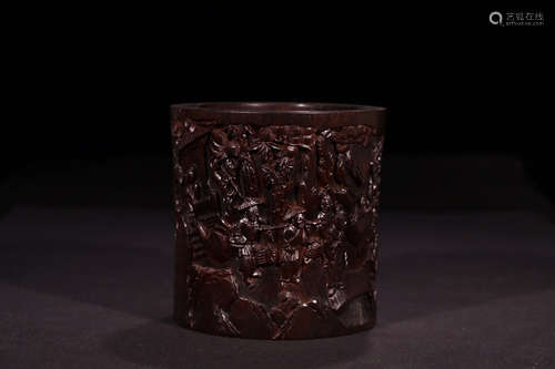 A CHINESE FIGURE CARVED RED SANDALWOOD BRUSH POT