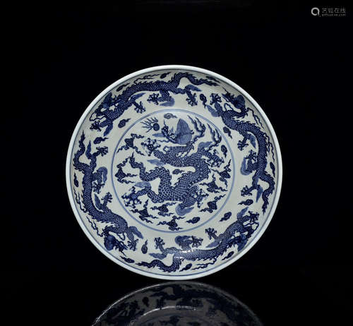 A CHINESE BLUE AND WHITE DRAGON PATTERN PORCELAIN PLATE