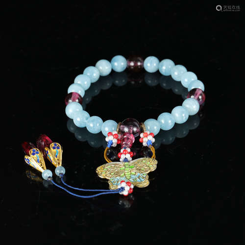 A CHINESE AQUAMARINE BEADS HAND STRING