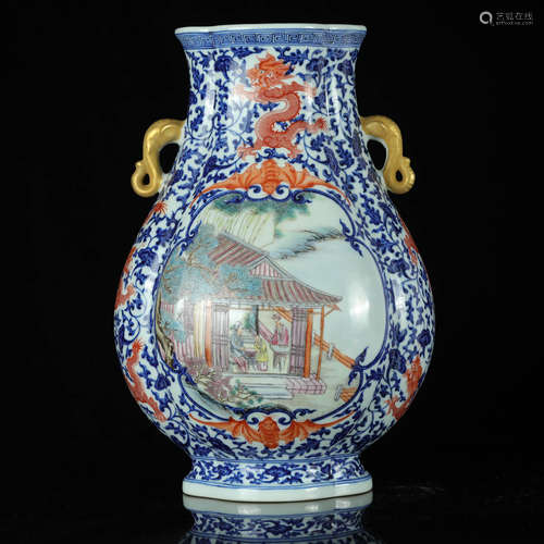 A CHINESE BLUE AND WHITE FAMILLE ROSE PAINTED PORCELAIN ZUN