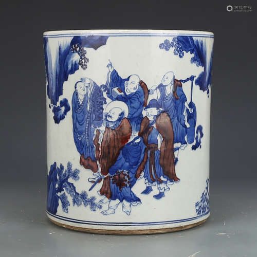 A CHINESE BLUE AND WHITE UNDERGLAZED RED ARHATS PAINTED PORCELAIN BRUSH POT