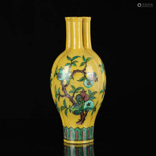 A CHINESE YELLOW DRAGON PATTERN CARVED PORCELAIN 3 TUBES VASE