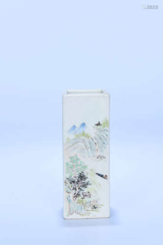 A CHINESE INSCRIBED LIGHT COLORFUL PORCELAIN BRUSH POT