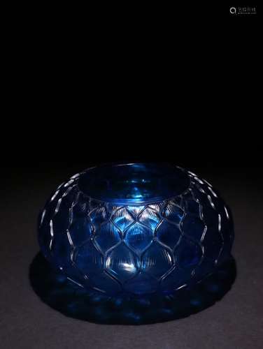 A CHINESE BLUE GLASS CARVED LOTUS PATTERN BRUSH WASHER