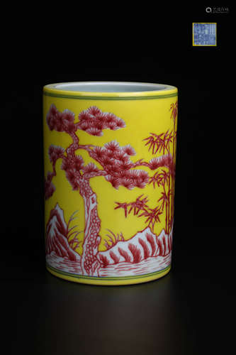 A CHINESE YELLOW-GRAND COPPER-RED BRUSH POT