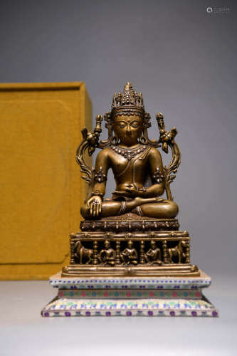 A CHINESE GILD COPPER STATUE OF LONGEVITY BUDDHA