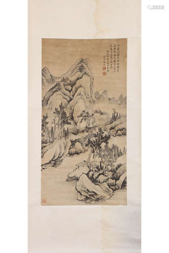 A CHINESE LANDSCAPE PAINTING SCROLL, FANG TINGXIAN MARK