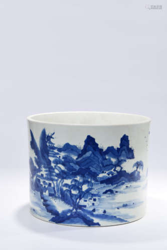 A CHINESE BLUE AND WHITE LANDSCAPE PORCELAIN BRUSH POT