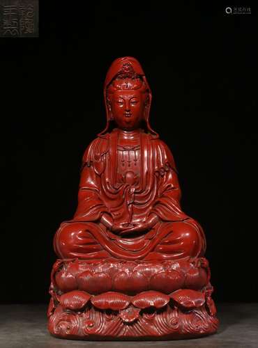 A CHINESE WOOD LACQUERWARE GUANYIN STATUE